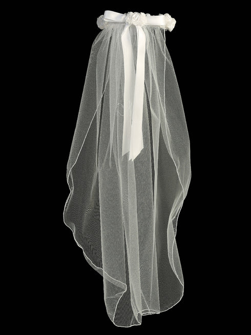 Lito Girls White 30 Inch Organza Flower Satin Ribbon Comb Communion Veil - SophiasStyle.com